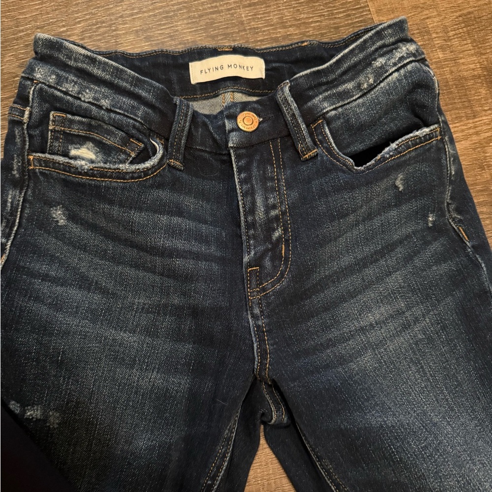 Flying Monkey Women's High Rise Distressed Dark Blue Jeans